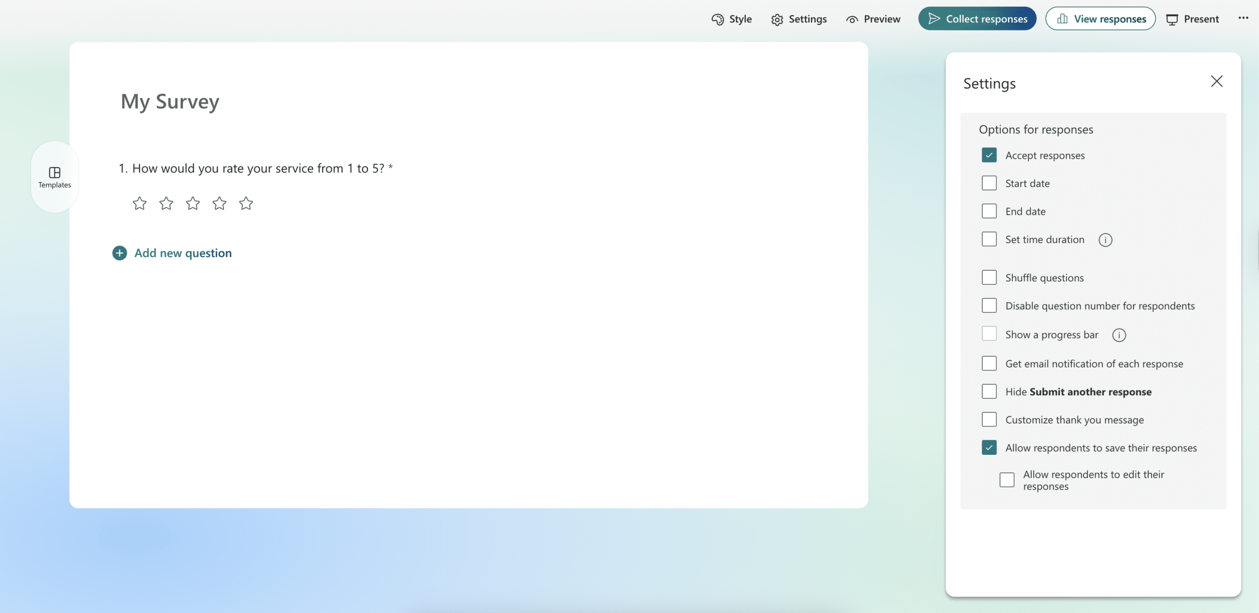 Page allowing users to customize settings for their Microsoft survey